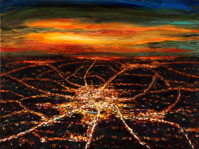 Night Flight - Small Town at Sunset (2006), oil on canvas, 18x24 inches