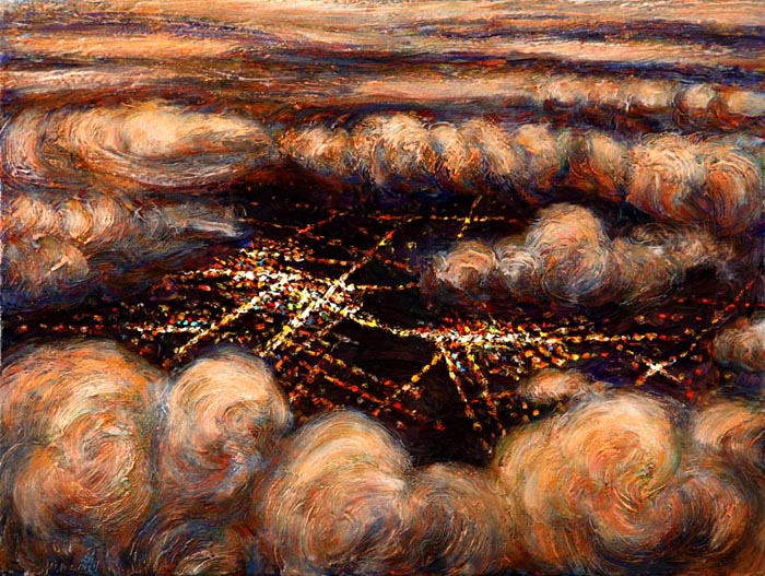 Night Flight - Town in Clouds (2006), oil on canvas, 18x24 inches