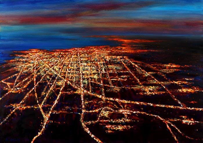 Night Flight - Chicago (2006), oil on canvas, 30x42 inches