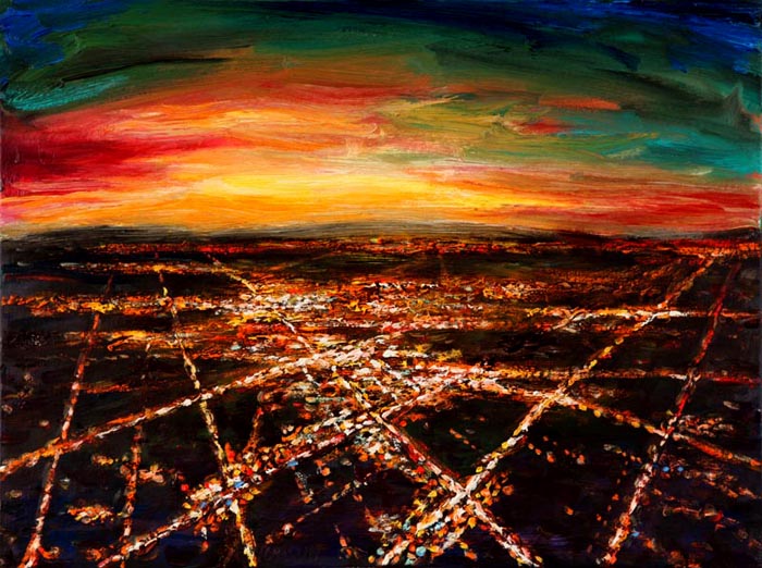 Night Flight - Landing at Sunset (2006), oil on canvas, 18x24 inches