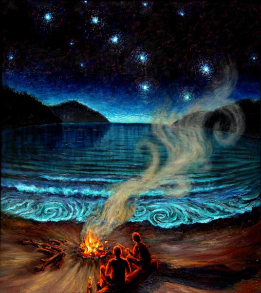 Campfire on the Beach (2004), oil on panel, 47x41 inches