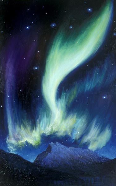 Northern Lights Over Mt. Rundle (2001), oil on panel, 60 x 38 inches