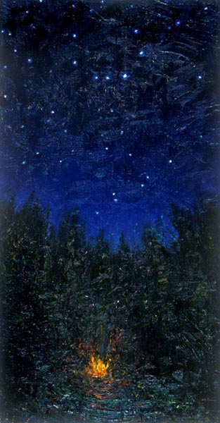 Camp Fire under the Northern Crown, oil on panel