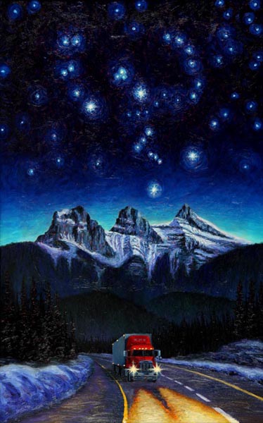 Orion Over the TransCanada Hwy at Night (2004), oil on panel, 37 x 60 inches